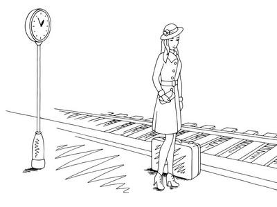 时钟在火车站女孩等待火车在火车站平台图形草图例证向量照片