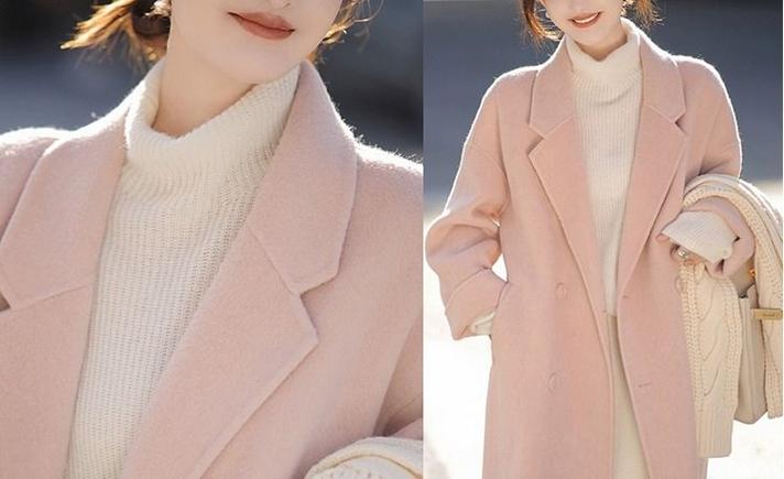 粉色双面呢羊绒大衣女中长款2023秋冬季新款小个子韩系羊毛呢外套