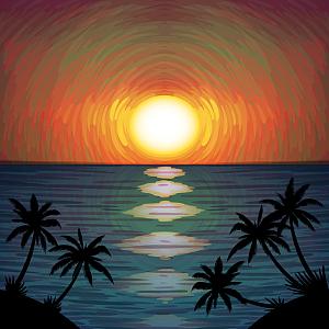 水彩手绘卡通海滩夕阳背景素材