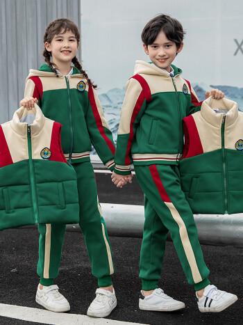 凌登小学生加绒校服冬季条纹运动服套装幼儿园园服儿童加厚卫衣三件套