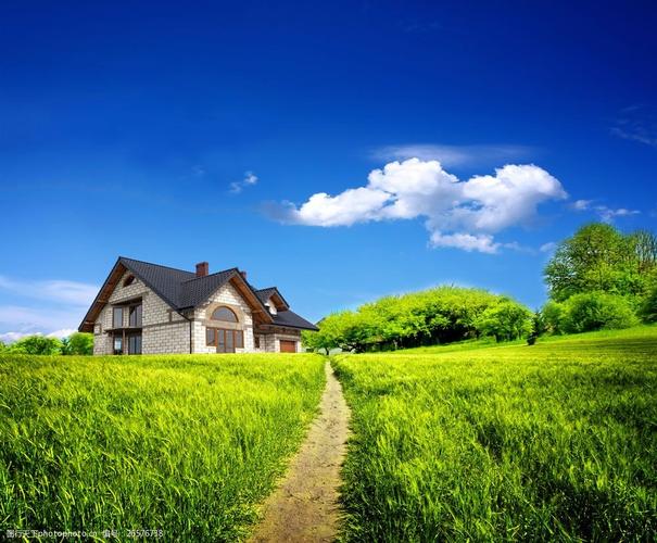 草原房屋摄影图片素材 草原风光 绿色 草地 草坪 小路 房屋 别墅 蓝天