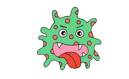 伸出来的长舌头涂成红色,这样简单的细菌病毒简笔画就画好了