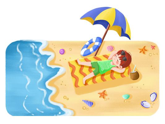 夏日沙滩开心男孩晒太阳卡通人物png素材世界海洋日