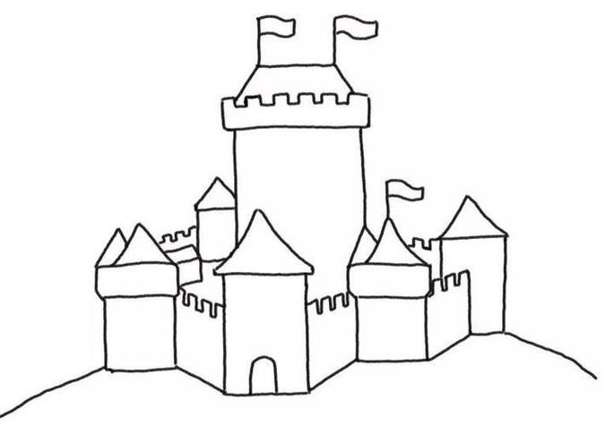 简笔画城堡上有国旗的城堡