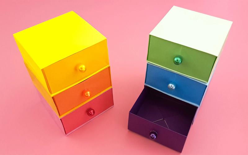 手工折纸漂亮的彩虹抽屉收纳盒,小巧又实用,小朋友都喜欢