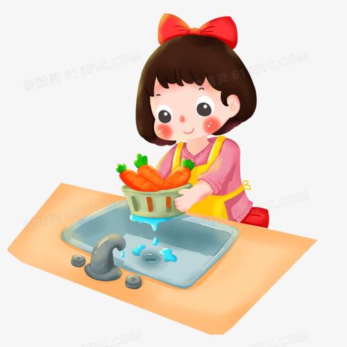 卡通手绘小女孩洗萝卜元素