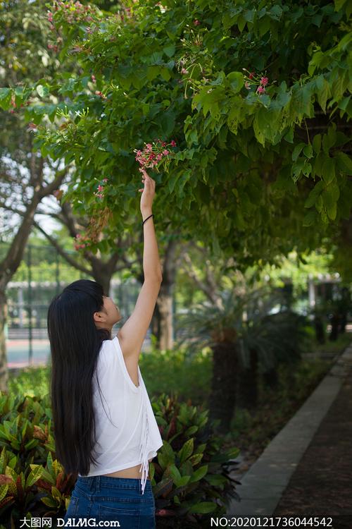 伸手去触碰树上鲜花的美女摄影原片