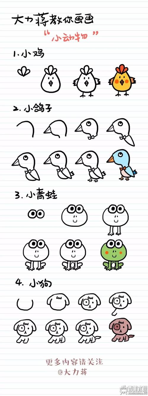 小动物简笔画教程,小鸡,小鸽子,小狗和小青蛙的简笔画分解教程,超简单