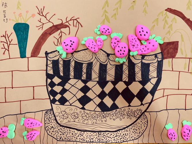 2019春季儿童画创意班手工作业欣赏《摘草莓》