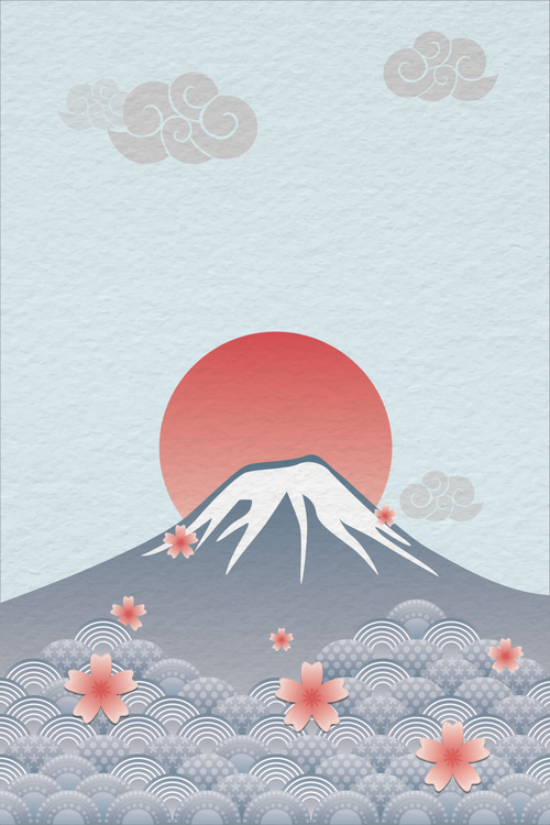 春季樱花富士山插画旅游海报背景素材
