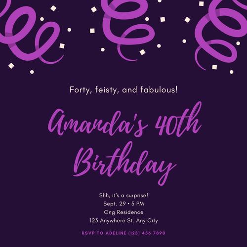 purple confetti surprise party invitation英文邀请函