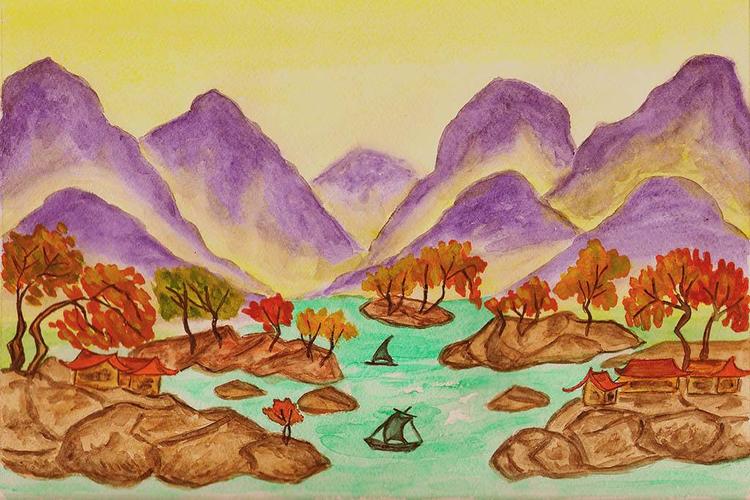 儿童蜡笔画优秀作品欣赏-小溪和高山