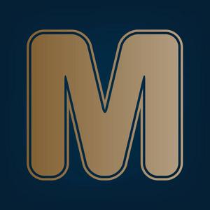 字母m标志设计模板元素. 矢量. 黑色青色背景下的金色图标和边框.照片