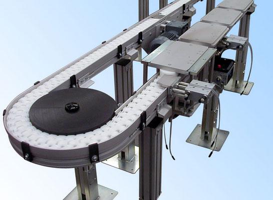 板链转弯流水线产品概述:链板输送机是一种以标准链板为承载面,由马达