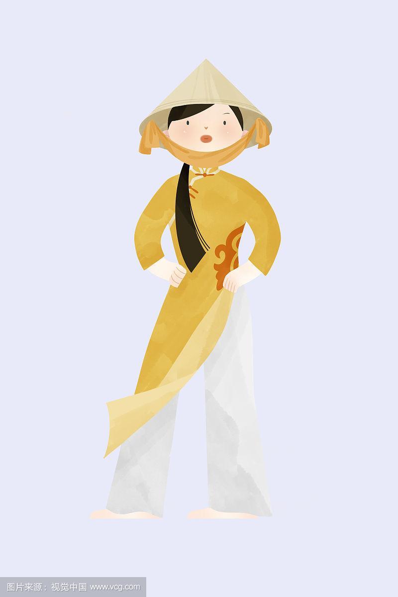 中国传统文化少数民族京族服饰插画