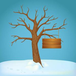 光秃秃的树,无叶的树枝,旧的木制标志挂在雪地上的绳子上,有蓝色的