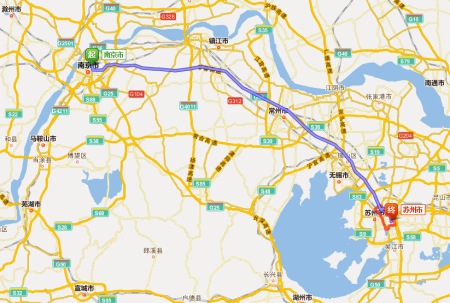 南京市到 苏州市 217.13公里 / 用时2小时16分钟.