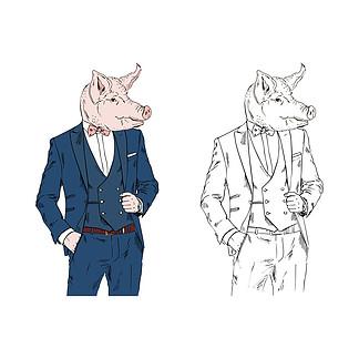 猪人穿着优雅的西装, 拟人化动物插画