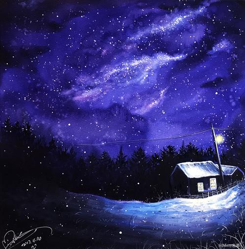 【米蒂风景水彩】梦幻系列星空下唯美的雪景~"那时候,未来遥远而没有
