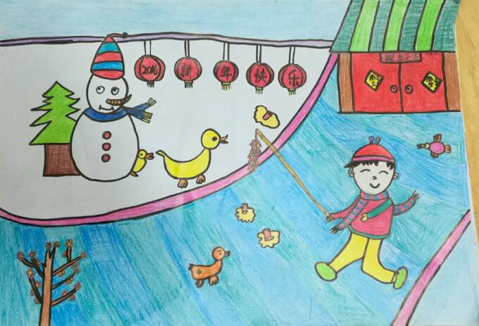 高能所幼儿园教师绘画决赛,彩铅画《欢欢喜喜过新年》