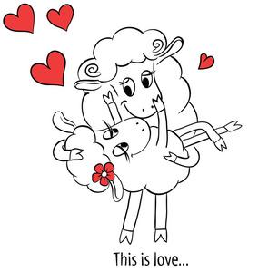 热恋中的情侣.两个可爱的卡通迷羊用红色的心照片