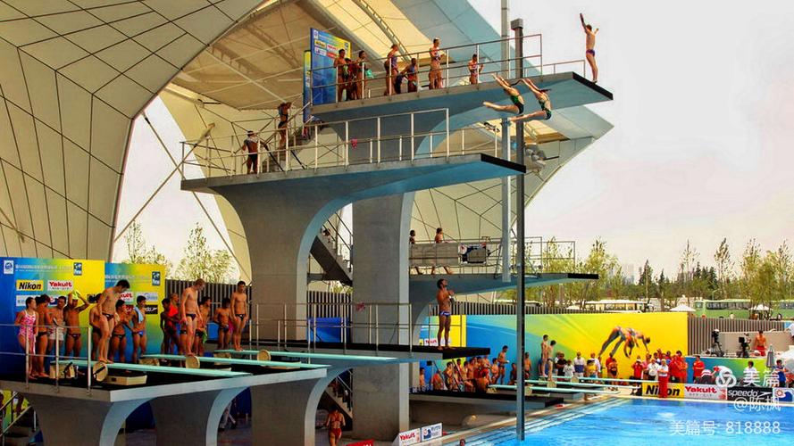 东方体育中心月亮湾游泳馆十米跳台跳水国际比赛场景.