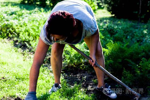 一个勤劳的农民拿着园艺工具弯腰耕种表土的妇女准备种植蔬菜的土地有