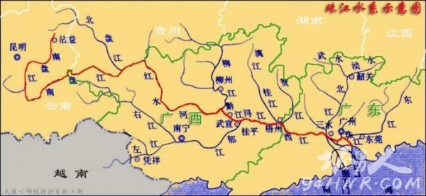 贵州,湖南,江西,广西,广东五省,其中的一条支流"左江"甚至还发源于