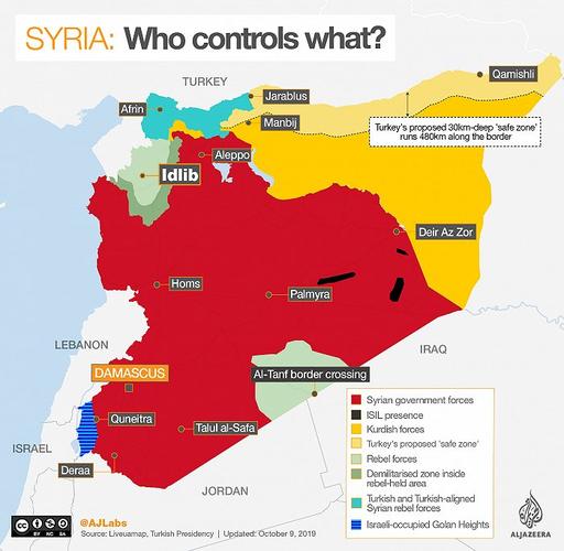 叙利亚各方势力控制图:红色为政府军,黄色为库尔德人控制区,蓝色为
