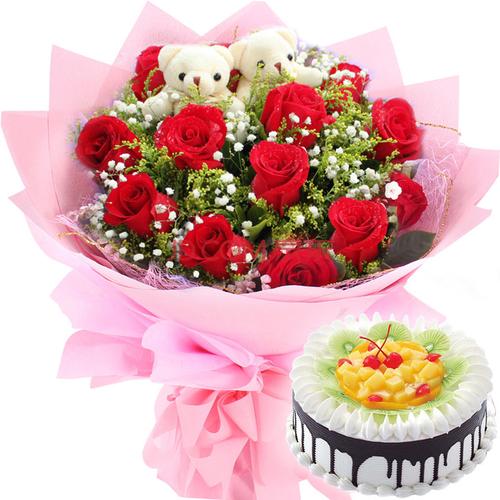 鲜花蛋糕组合优惠套餐-生日蛋糕玫瑰花束送老婆女朋友妈妈同事生日