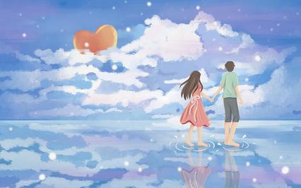 海洋插画情人节插画手绘卡通浪漫海滩热恋情侣原创插画素材