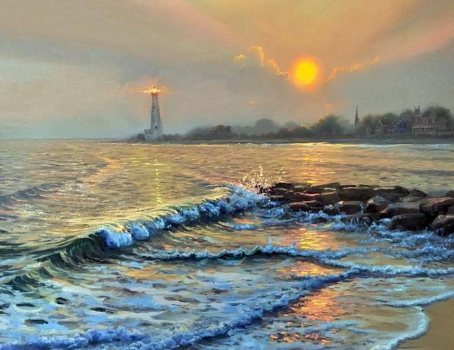 浪漫温馨的画面美极了的日出日落海景油画