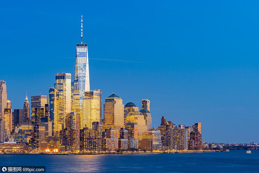 新泽西黄昏时分俯瞰纽约市曼哈顿天际线城市景观