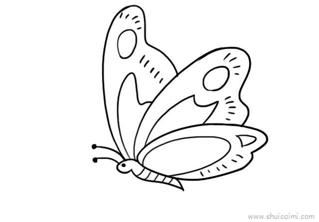 1,先画出蝴蝶的头部和两个触角.2,画上一对翅膀.3,翅膀上画一些花纹.