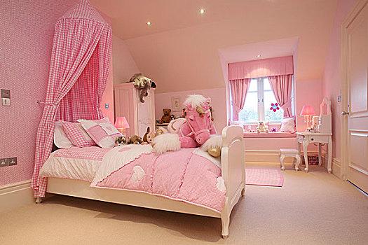 单人床,粉色,篷子,女孩,卧室