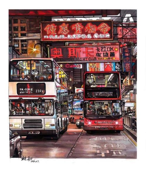 【一组马克笔城市街景系列绘画《香港之夜》】