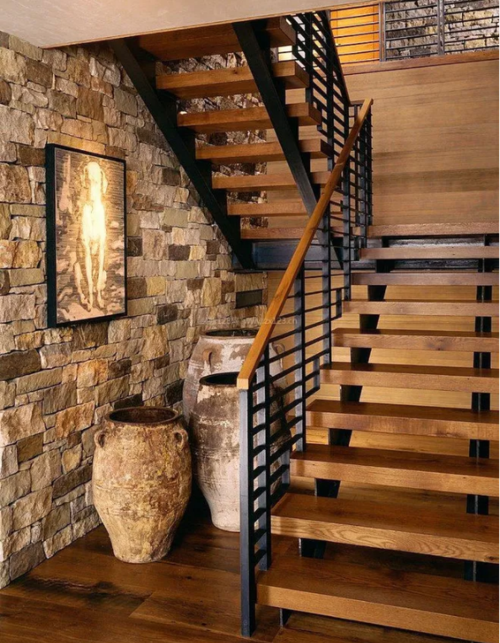 乡村二层别墅实木楼梯装修设计效果图