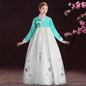 少数民族服装女朝鲜族传统大长今古装舞蹈表演服韩服定制 浅绿衣 浅黄