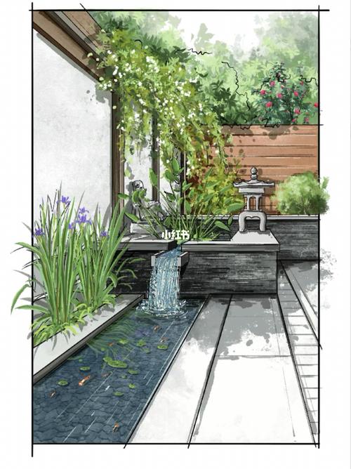 一个庭院水系的手绘表达