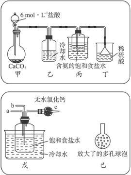 通入含氨的饱和食盐水中制备碳酸氢钠,实验装置如下图所示(图中夹持