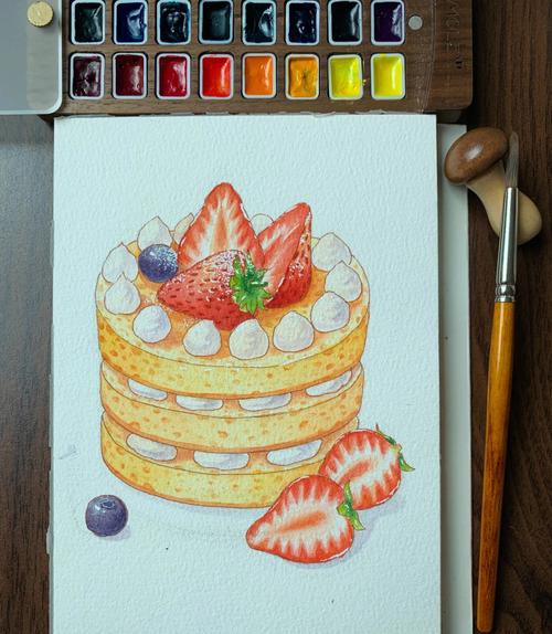 钢笔淡彩手绘水彩草莓蛋糕含步骤图