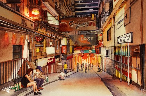 香港24节气爱情故事-水彩插画,香港街道(部分)