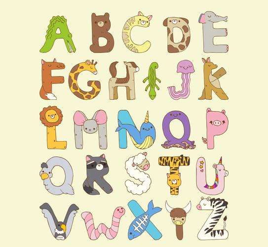 26个彩色动物字母艺术字矢量图_矢量字体_懒人图库