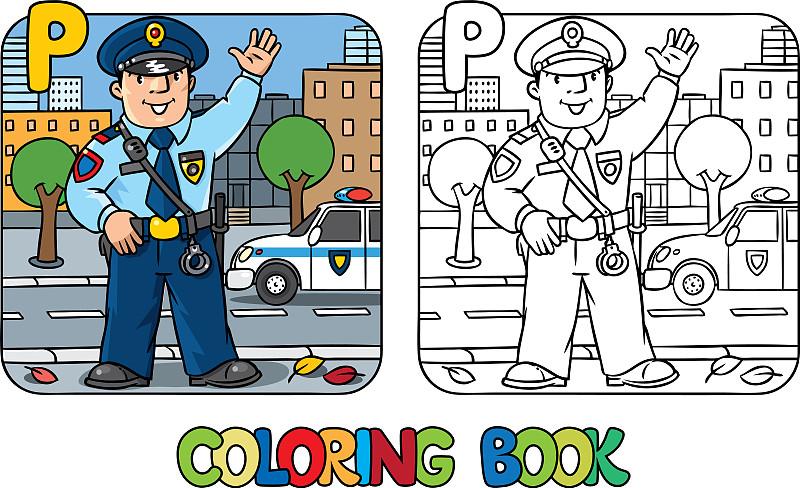 警察职业abc着色书字母表p图片