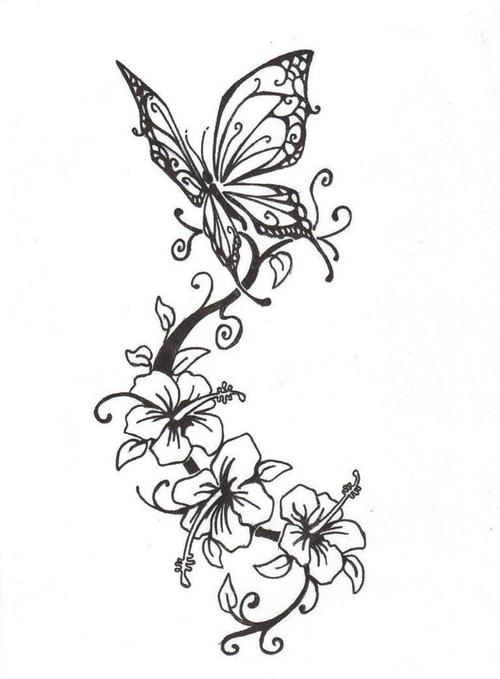 点击大图看下一张:简单的黑色抽象线条植物花朵和蝴蝶纹身手稿