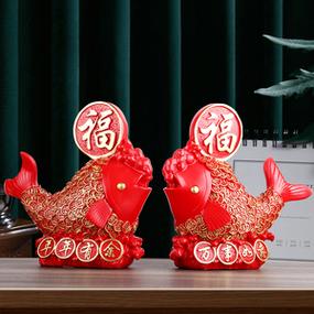 新年喜庆福字红鲤鱼摆件寓意好年年有余招财家居客厅酒柜子装饰品