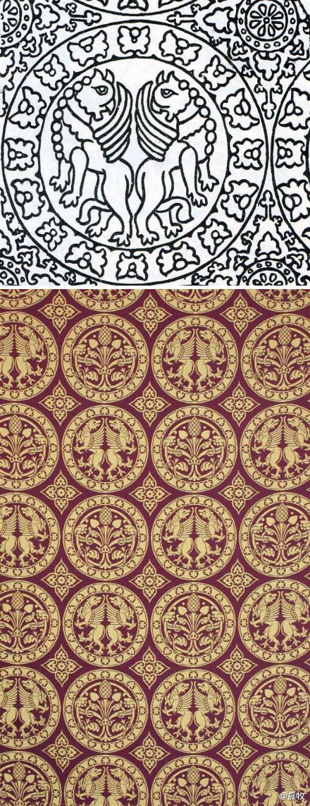 上12世纪拜占庭丝绸上的狮鹫连珠纹下现代纺织的拜占庭的狮鹫连珠纹