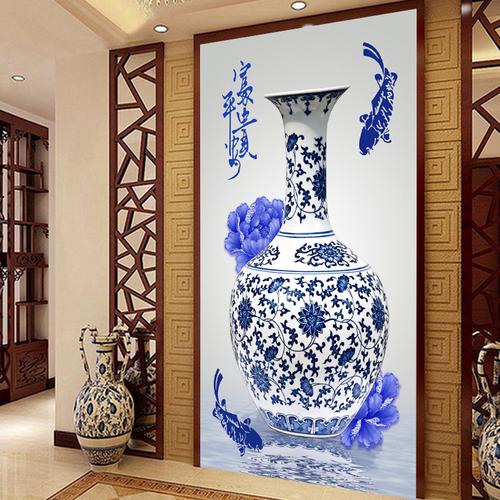 青花瓷壁纸定做墙布蓝色牡丹花玄关墙纸中式花瓶定制壁画