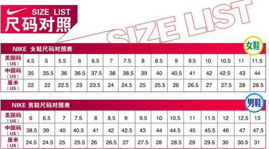 耐克男女跑步鞋和中国尺码对照表