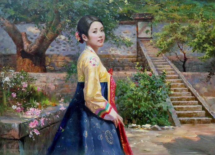 朝鲜一级画家 沈光赫《回眸一笑》 朝鲜名家油画